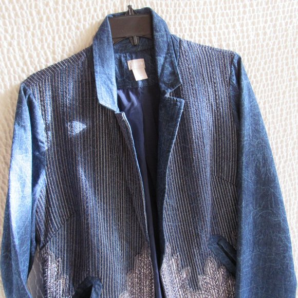 Long Denim Embordered Jacket Duster M Khaki White Stitching Lightweight Pockets - Picture 8 of 14